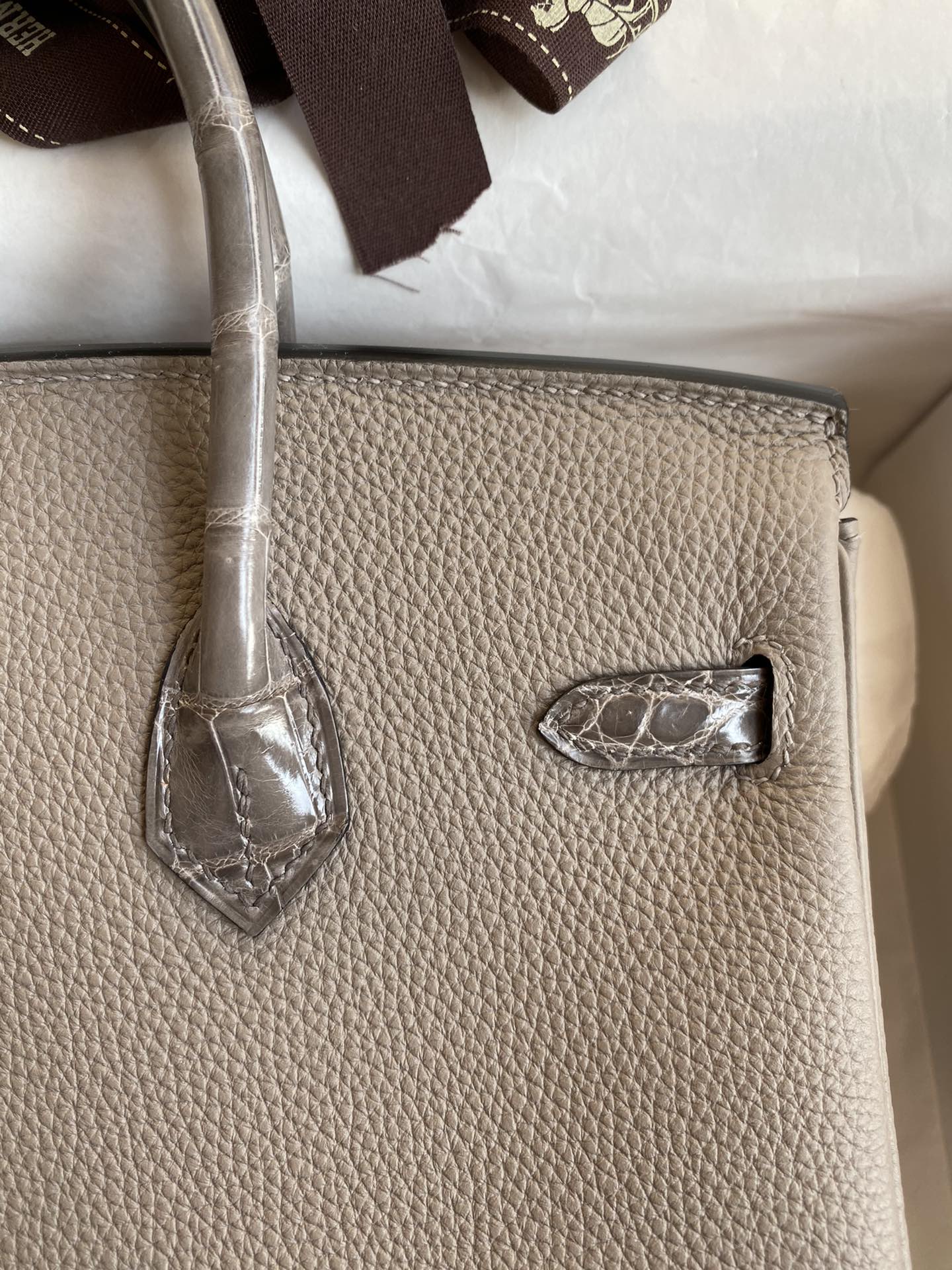 Hermes Touch Birkin 25CM Bag In Gris Mouette Togo and Shiny Niloticus Crocodile Skin